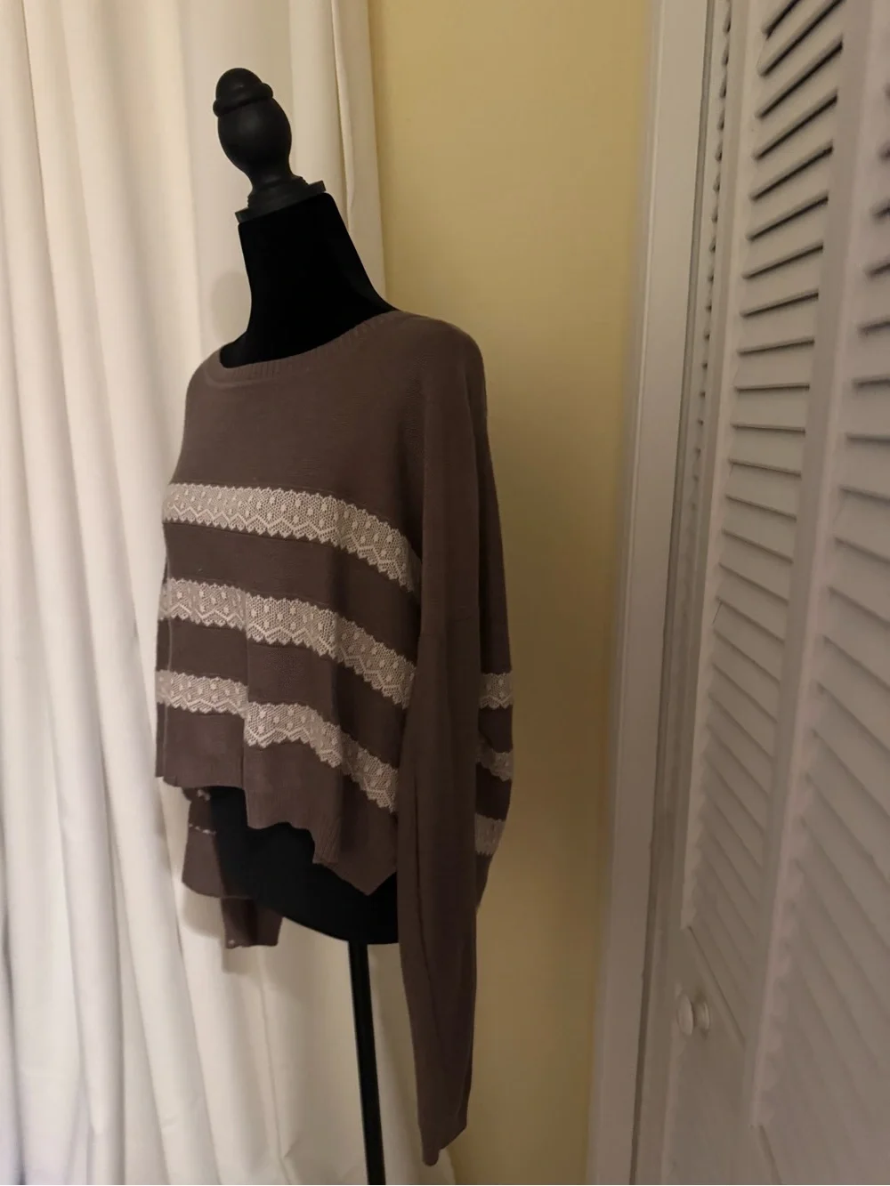 Romeo & Juliet Couture Taupe Sweater with Cream Lace Stripes